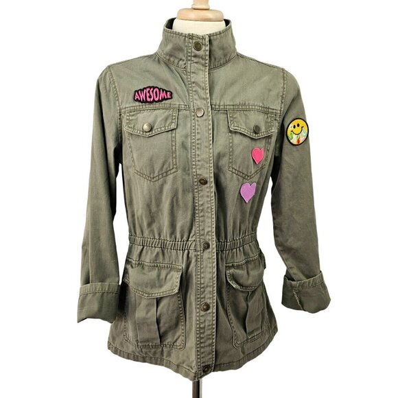 Cat & Jack Girls Military Style Jacket Snap Close Emoji Patch 4 Pocket XL Green - Picture 11 of 11